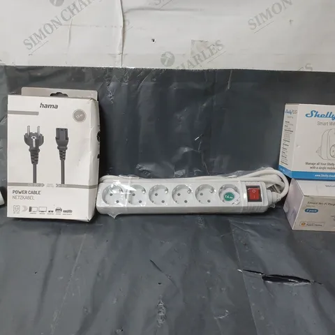BOX OF APPROX 30 ASSORTED ITEMS TO INCLUDE -SHELLY PLUG , HAMA POWER CABLE , SMART WIFI MINI PLUG ETC