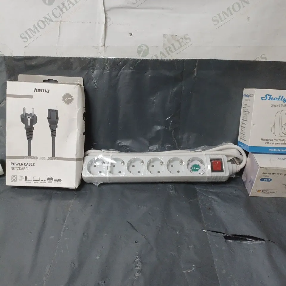 BOX OF APPROX 30 ASSORTED ITEMS TO INCLUDE -SHELLY PLUG , HAMA POWER CABLE , SMART WIFI MINI PLUG ETC