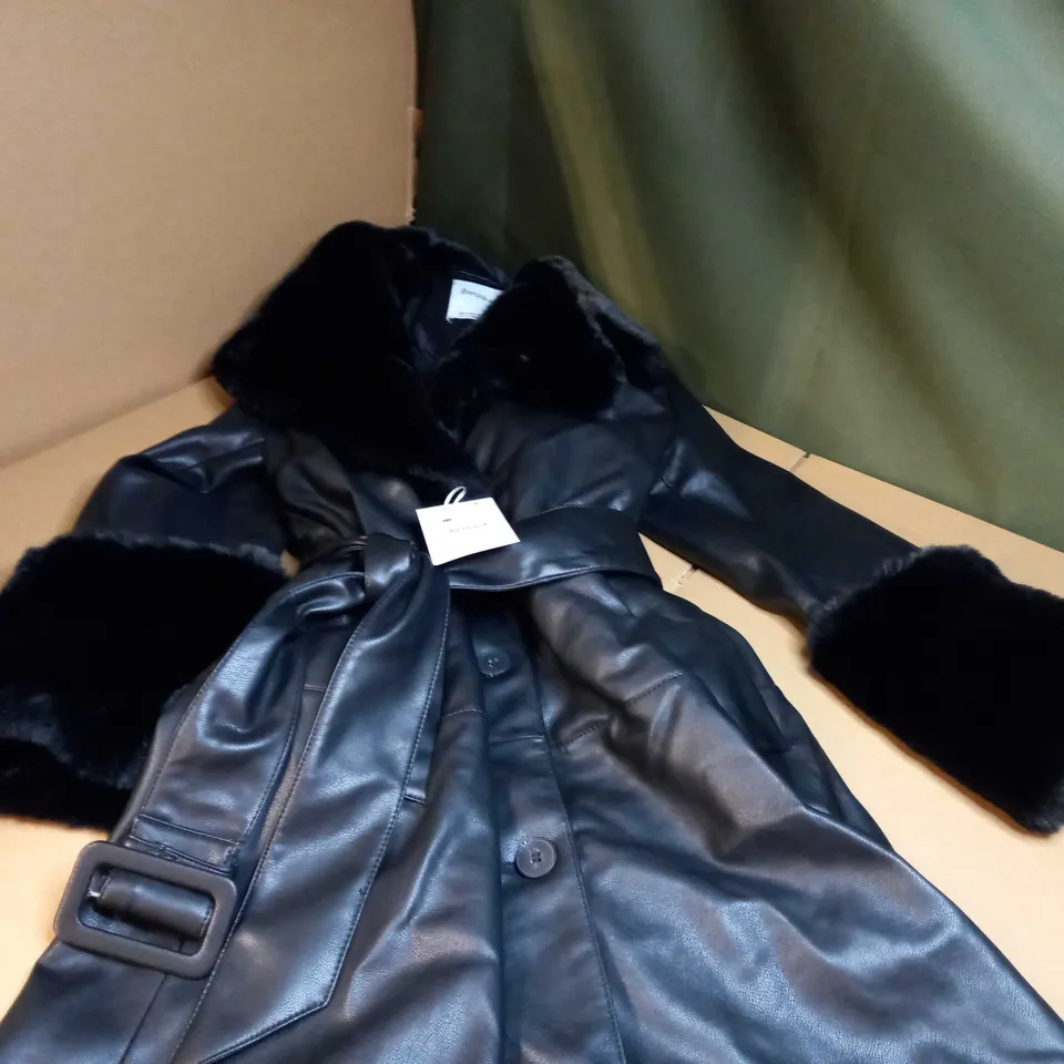 BERSHKA BLACK FAUX LEATHER/FAUX FUR TRIMMED COAT - XS