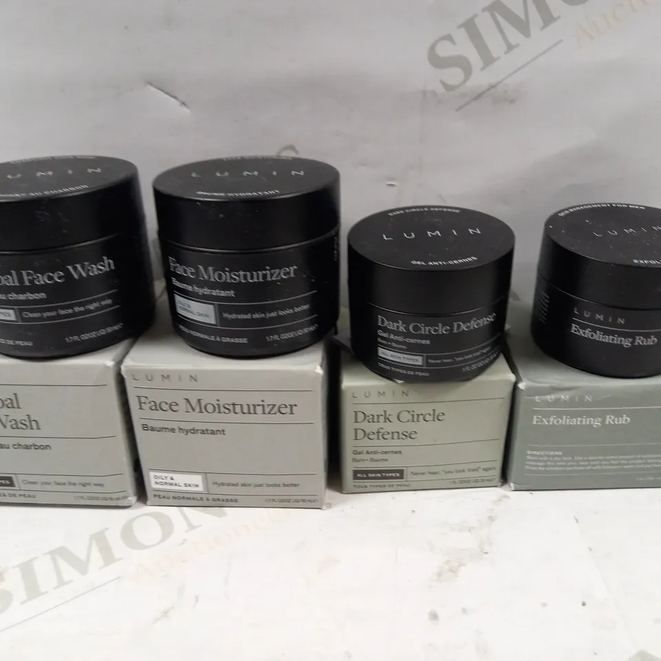 LOT OF 4 LUMIN PRODUCTS TO INLUDE EXFOLIATING RUB, DARK CIRCLE DEFENSE, FACE MOISTURIZER, CHARCOAL FACE WASH
