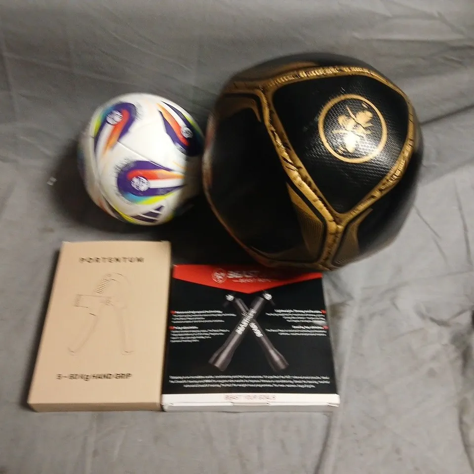 LOT OF 4 ASSORTED SPORTING ITEMS TO INCLUDE GRIP TRAINER AND FOOTBALLS