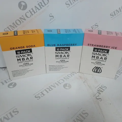 BOX OF APPROXIMATELY 10 BOXES OF ORANGE SODA, BLUE RASPBERRY AND STRABERRY ICE 10 PACK SMOK M BAR DISPOSABLE 20MG SALT NICOTINE
