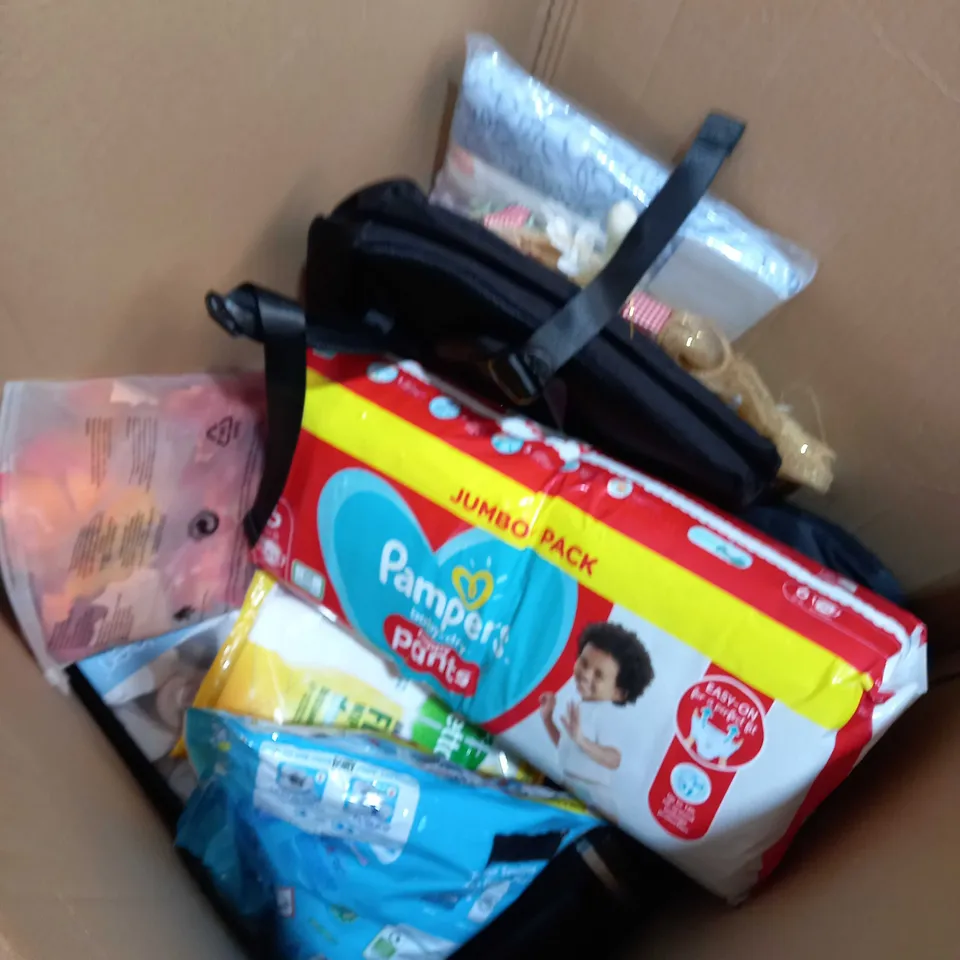 BOX OF APPROXIMATELY 15 ASSORTED ITEMS TO INCLUDE PAMPERS JUMBO PACK, BACKPACK, FAIRY PODS ETC