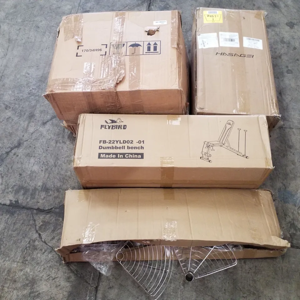PALLET OF ASSORTED PRODUCTS INCLUDING SHOWER CADDY, DUMBBELL BENCH, WAGON CART, OFFICE CHAIR 