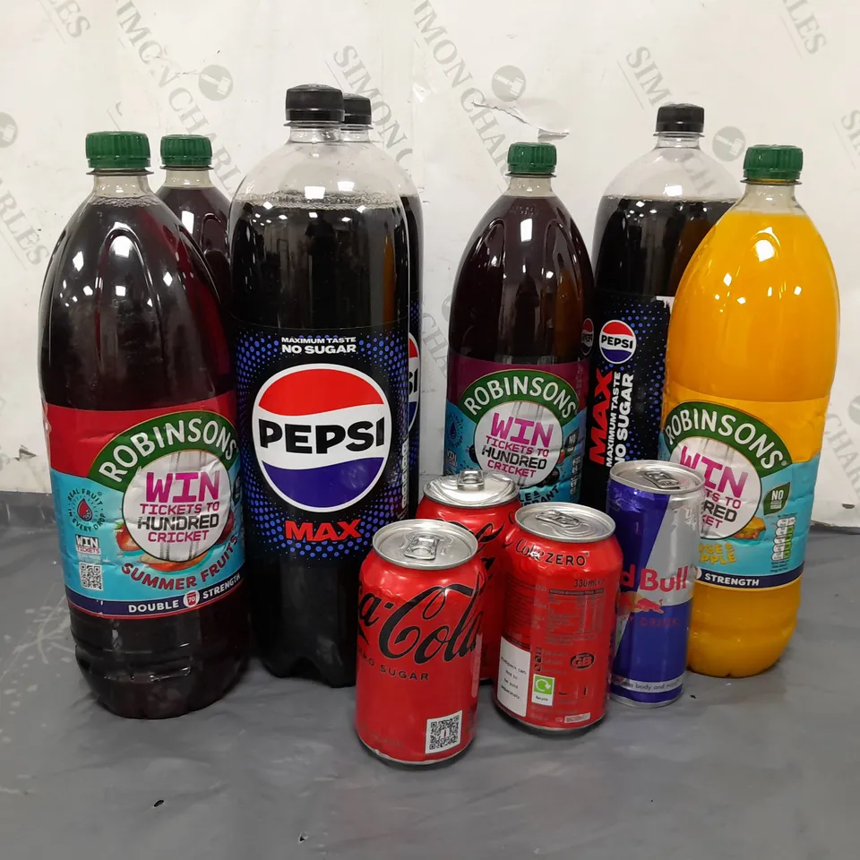 APPROXIMATELY 11 ASSORTED DRINK TO INCLUDE ROBINSONS CONCENTRATED SOFT DRINK SUMMER FRUITS, PEPSI MAX, COCA COLA, RED BULL 