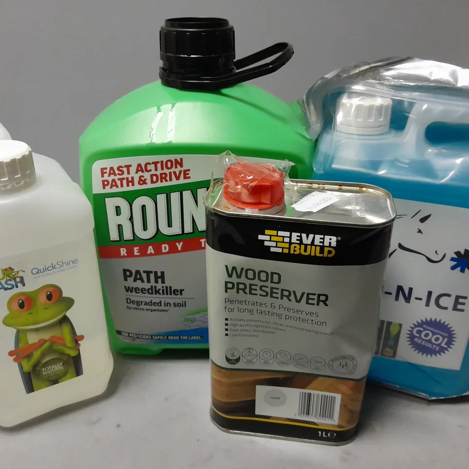 4 ASSORTED LIQUIDS TO INCLUDE EQUI-N-ICE, ROUNDUP PATH WEEDKILLER (5L), EVER BUILD WOOD PRESERVER (1L), ETC - COLLECTION ONLY