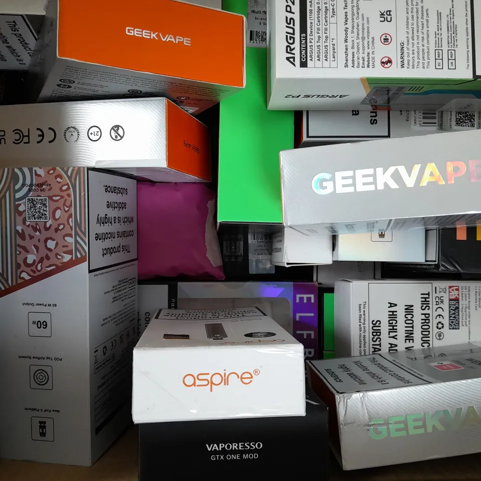 BOX OF APPROXIMATELY 20 ASSORTED E-CIGARETTE/VAPING PRODUCTS - MAKES, MODELS, COLOURS, AND STYLES VARY - COLLECTION ONLY