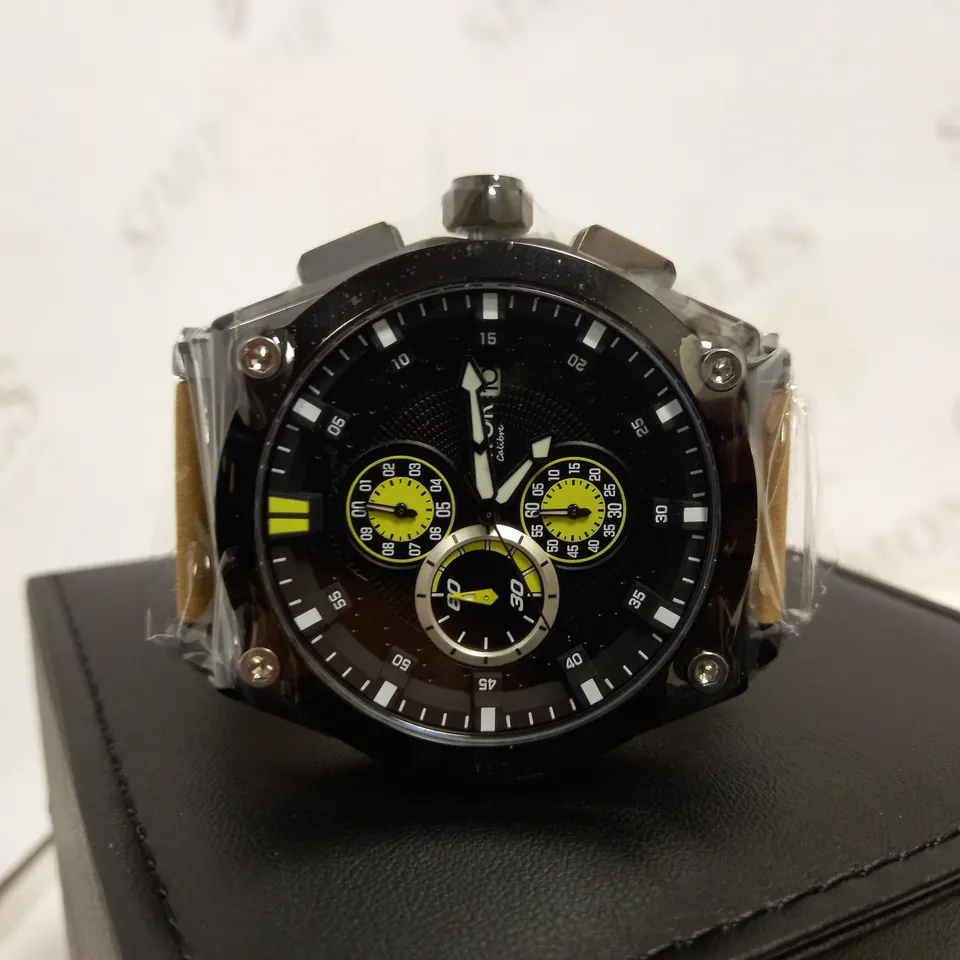 LATOR CALIBRE BLACK & YELLOW CHRONOGRAPH STYLE LEATHER STRAP WATCH RRP £635