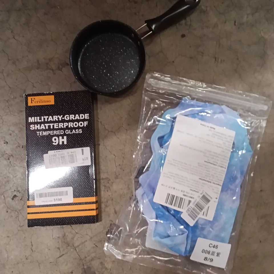 PALLET OF ASSORTED ITEMS INCLUDING - SMALL PAN, SWIM SUIT, SCREEN PROTECTOR 