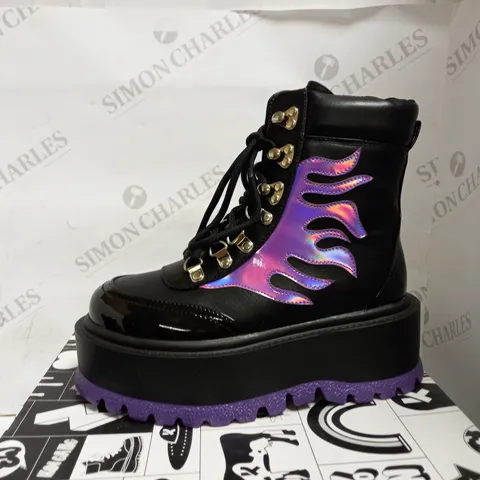 KOI VEGAN HELIOS PURPLE HOLOGRAM FLAME BOOTS UK SIZE 3