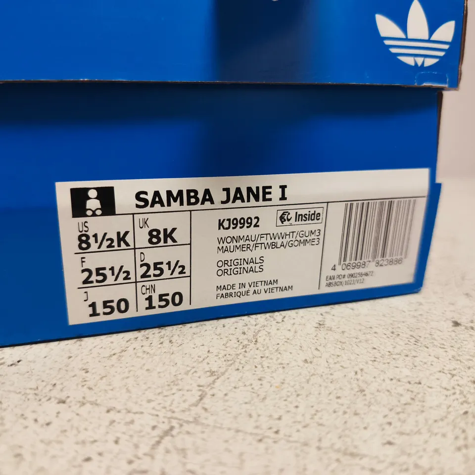 BOXED PAIR OF ADIDAS SAMBA JANE I KIDS' VELCRO TRAINERS – UK SIZE 8K