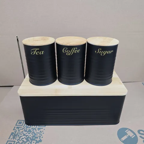 BLACK 4-PIECE KITCHEN CANISTER SET – BREAD BIN + TEA, COFFEE & SUGAR CANISTERS (JBB4)