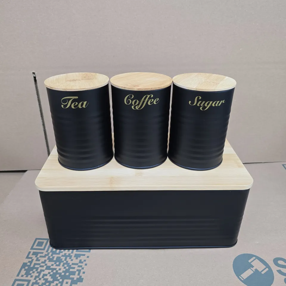 BLACK 4-PIECE KITCHEN CANISTER SET – BREAD BIN + TEA, COFFEE & SUGAR CANISTERS (JBB4)