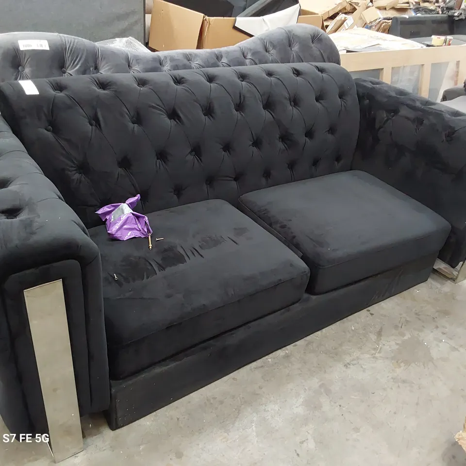 DESIGNER THREE SEATER SOFA BUTTONED BLACK PLUSH FABRIC 