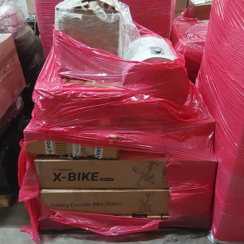 PALLET OF ASSORTED ITEMS INCLUDING: MERACH X-BIKE, FOLDING EXERCISE BIKE ECT