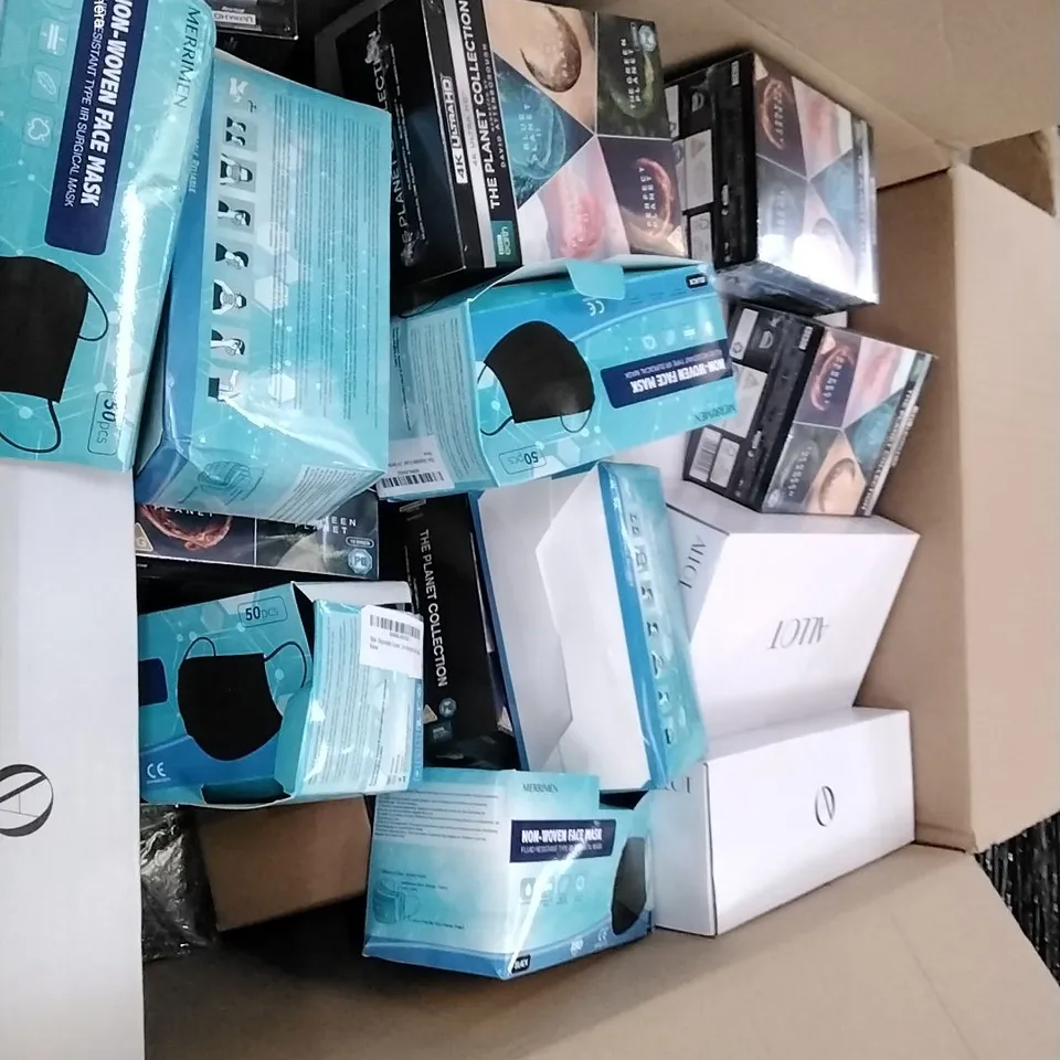 PALLET CONTAINING 6 BOXES OF ASSORTED HOUSEHOLD ITEMS TO INCLUDE SEALED PLANET COLLECTION, BOXED ALLOT SHOES AND WOVEN MASKS 