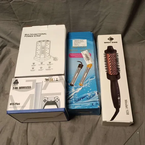 BOX OF APPROXIMATELY 15 ASSORTED ELECTRICAL ITEMS TO INCLUDE WAVY CHIC HAIR STYLING COMB, IMMERSION WATER HEATER, MULTI POWER STRIP, GAME CONTROLLER ETC