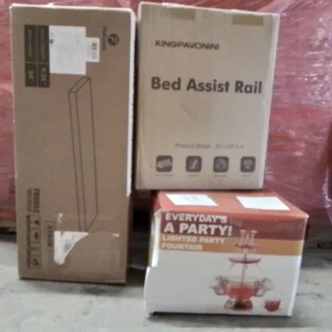 PALLET OF ASSORTED HOUSEHOLD GOODS AND PRODUCTS TO INCLUDE;LIGHTED PARTY FOUNTAIN,PACK OF 2 FLOATING SHELVES,BED ASSIST RAIL
