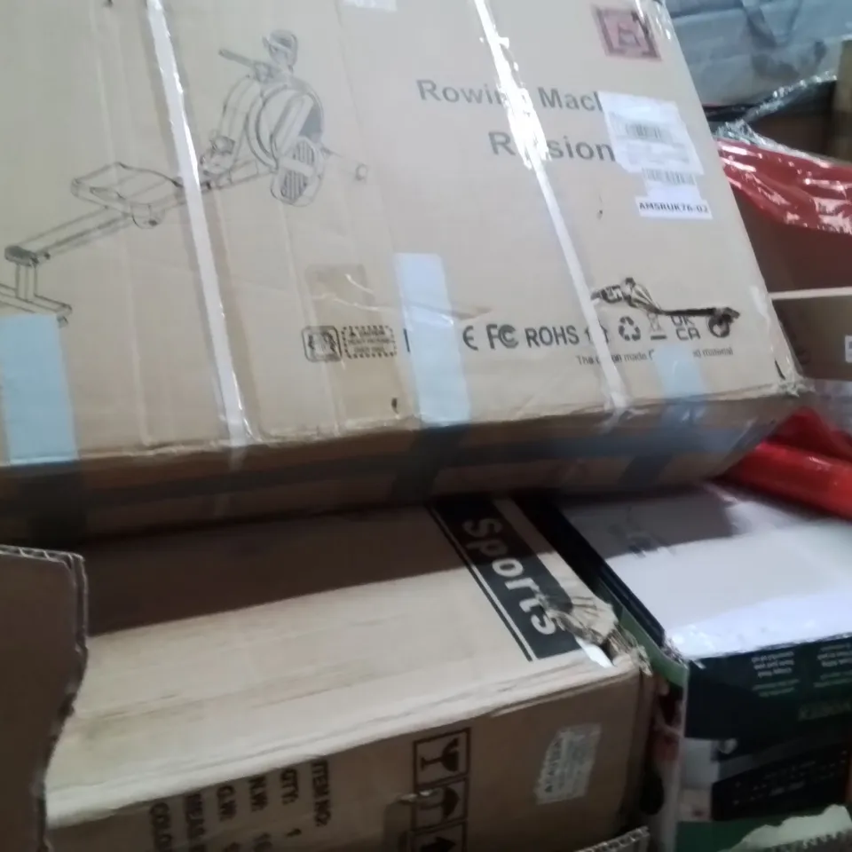 PALLET OF ASSORTED HOUSEHOLD GOODS AND PRODUCTS TO INCLUDE;ROWING MACHINE,BICYCLE MACHINE,AIR FRYER