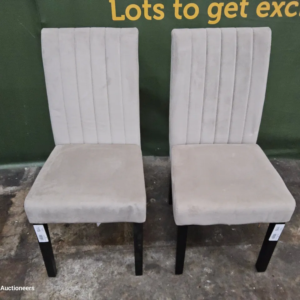 PAIR OF NATURAL PLUSH FABRIC UPHOLSTERED DINING CHAIRS BLACK LEGS