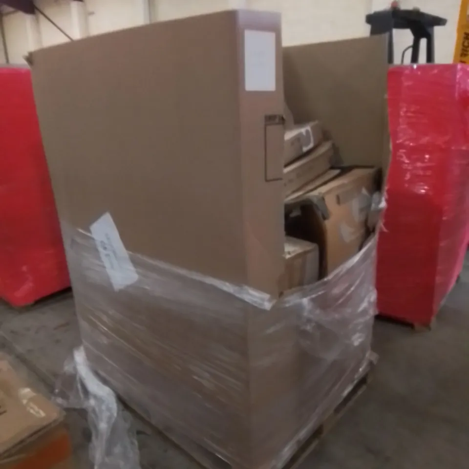 PALLET CONTAINING ASSORTED HOUSEHOLD AND HOME IMPROVEMENT PRODUCTS. INCLUDES HOME FURNITURE, KITCHEN UTENSIL ORGANISER, SHELVES, TROLLEY ETC