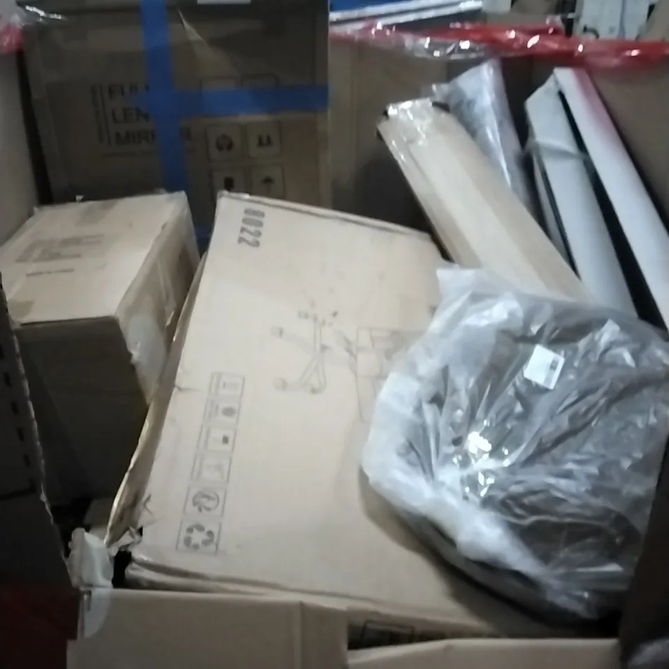 PALLET OF HOUSEHOLD ITEMS TO INCLUDE COW WITH ROSE WRAPPED CANVAS ART,SEAT PROTECTORS, RUG,METOER SHOWER RAIN LIGHTS AND OTHER ASSORTED ITEMS...