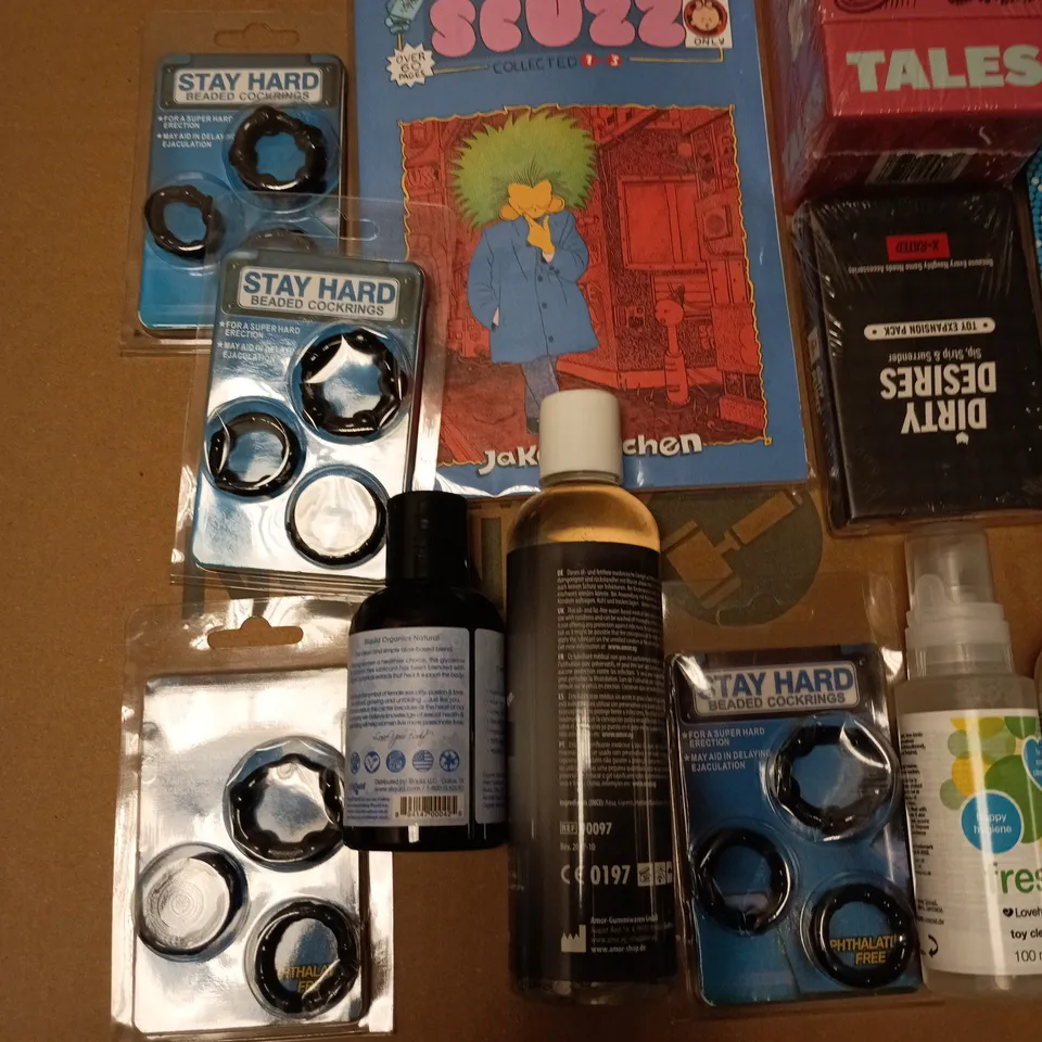 LOT OF 17 ASSORTED ADULT PLEASURE ITEMS TO INCLUDE C*CK RINGS, COUPLE CHOCOLATE, DUREX VIBE RINGS AND LUBES