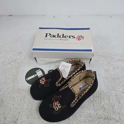 PADDERS DANDIE SLIPPERS – BLACK WITH LEOPARD PRINT TRIM, UK 5 (2E/3E)