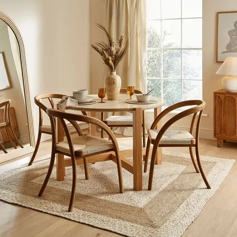 BOXED HALTON 4 SEATER ROUND DINING TABLE, TRAVERTINE & OAK (2 BOXES)