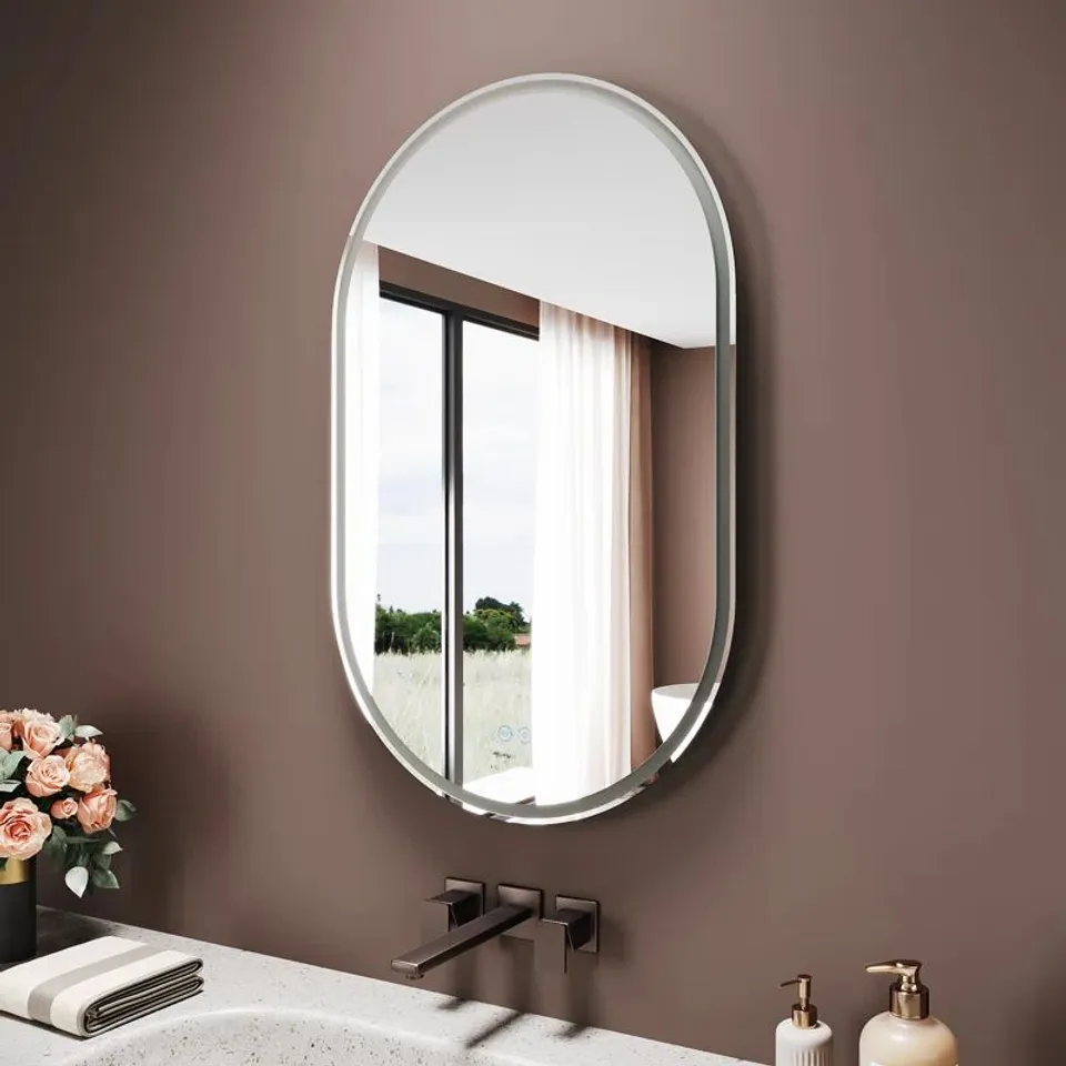 BOXED OVAL BATHROOM MIRROR WITH ANTI-FOG AND SHAVER CHARGING SOCKET