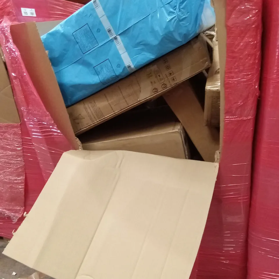 PALLET OF ASSORTED HOUSEHOLD GOODS AND PRODUCTS TO INCLUDE; BEDSIDE CRIB, BABY STROLLER, BABY PLAYPEN ETC