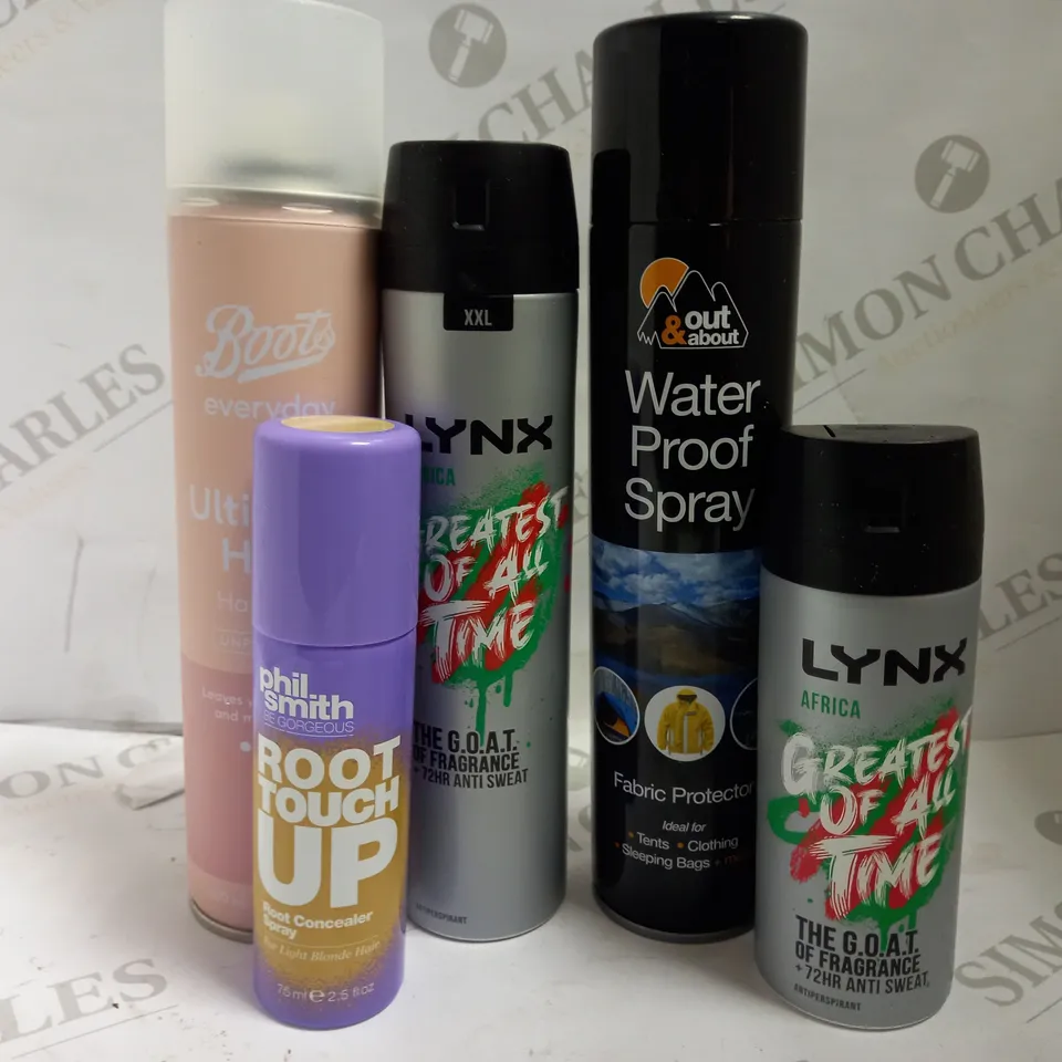 BOX OF APPROX 20 ASSORTED AEROSOLS INCLUDING LYNX AFRICA, OUT AND ABOUT WATERPROOF SPRAY AND BOOTS ULTIMATE HOLD HAIR SPRAY - COLLECTION ONLY