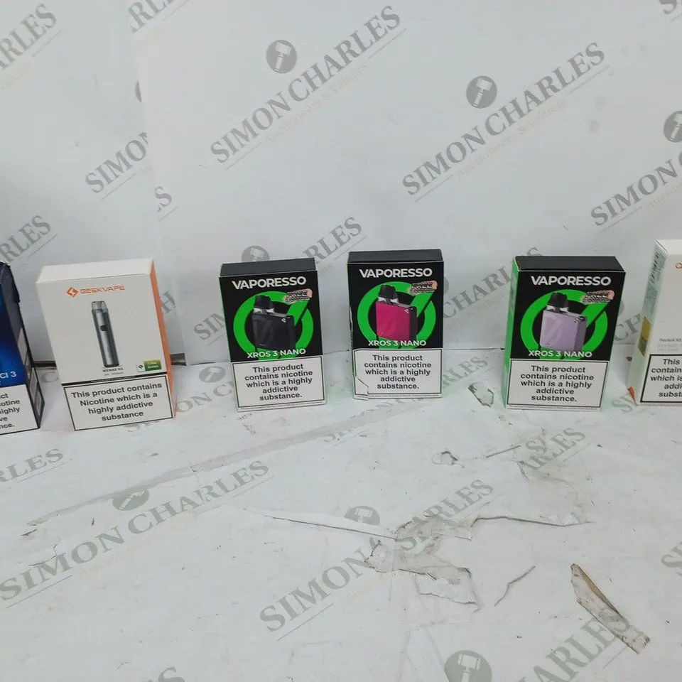 APPROXIMATELY 10 BOXED E-CIGARETTES TO INCLUDE VOOPOO VINCI 3, GEEKVAPE WENAX H1, AND VAPORESSO ZROS 3 NANO ETC. 