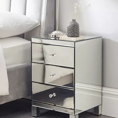 BOXED PARISIAN MIRRORED 3 DRAWER READY ASSEMBLED BEDSIDE CHEST - COLLECTION ONLY