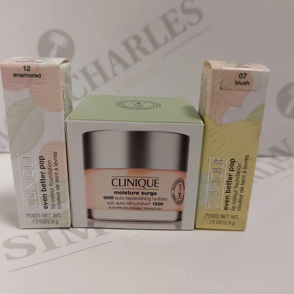 BOX OF 3 CLINIQUE ITEMS TO INCLUDE MOISTURE SURGE AND LIP COLOUR FOUNDATION