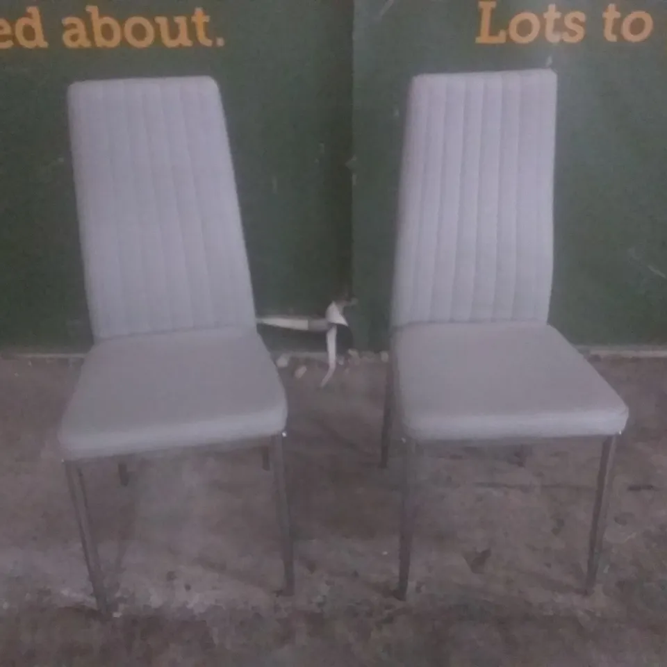 SET OF 2 LEON LIGHT GREY FAUX LEATHER DINING CHAIRS WITH CHROME LEGS