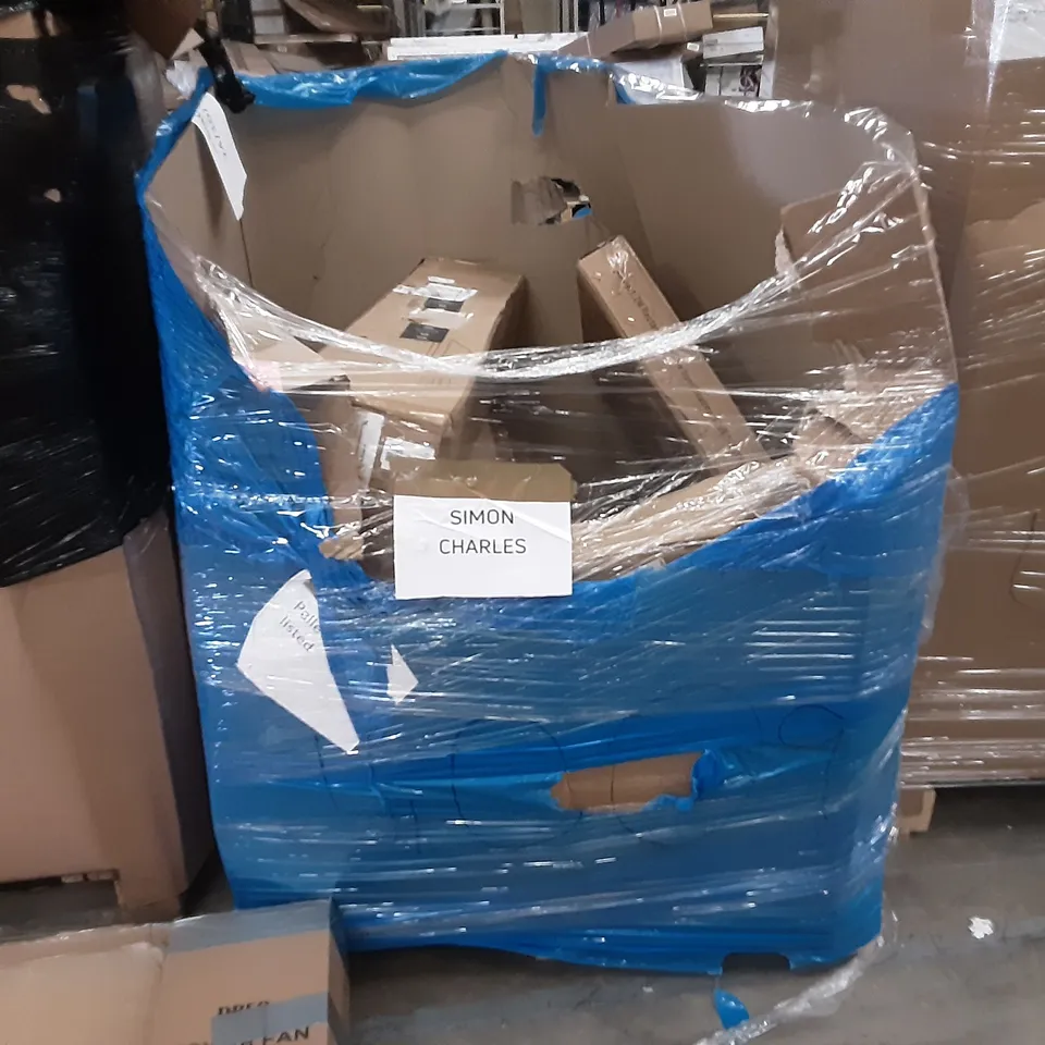 PALLET OF ASSORTED PRODUCTS INCLUDING 6FT FOLDING TABLE, TOWER FAN, CAT LITTER BOX, OAK DESKTOP + WHITE FRAME, NORTHERN STONE AEROBIC STEP, POP UP GAZEBO