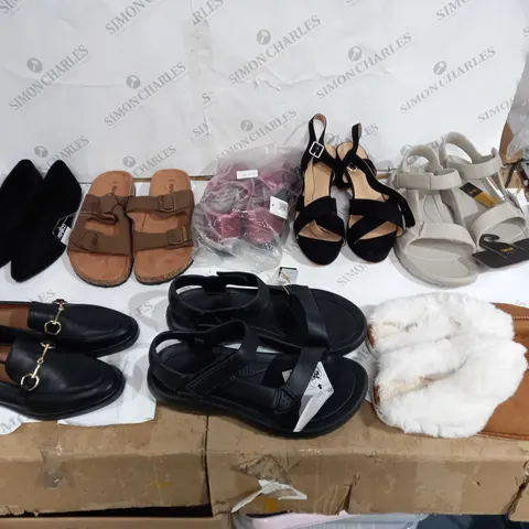 APPROXIMATELY 10 PAIRS OF ASSORTED UNBOXED SHOES TO INCLUDE PEP&CO SANDALS, H&M BUCKLED SHOE, AND TEVA DUNE SANDAL ETC. 