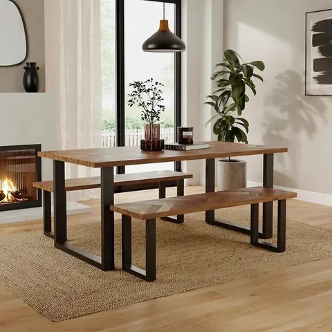 BOXED SHELTON 6 SEATER DINING TABLE AND BENCH SET - PARQUET OAK (2 BOXES)
