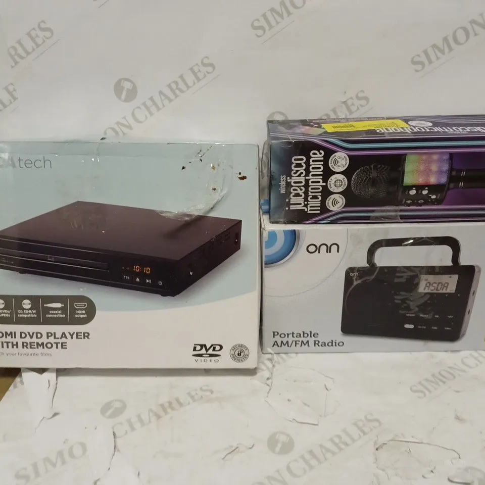 LARGE BOX OF ASSORTED ITEMS TO INCLUDE HDMI DVD PLAYER WITH REMOTE, JUICEDISCO MICROPHONE, ONN PORTABLE AM/FM RADIO, ETC