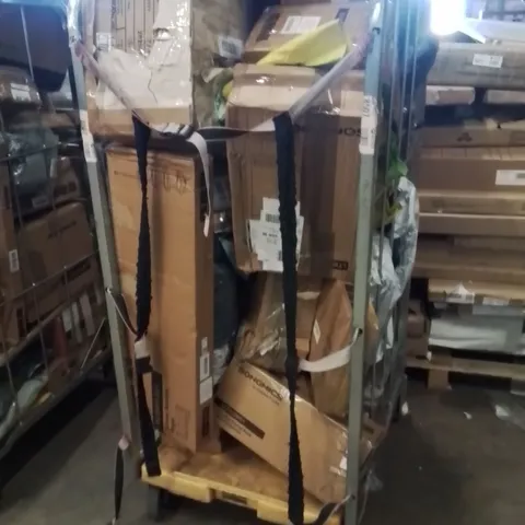 CAGE OF ASSORTED HOUSEHOLD GOODS AND PRODUCTS TO INCLUDE;CORNER BRACKET REGAL,CLOTHES DRYING RACK,TRASH CAN