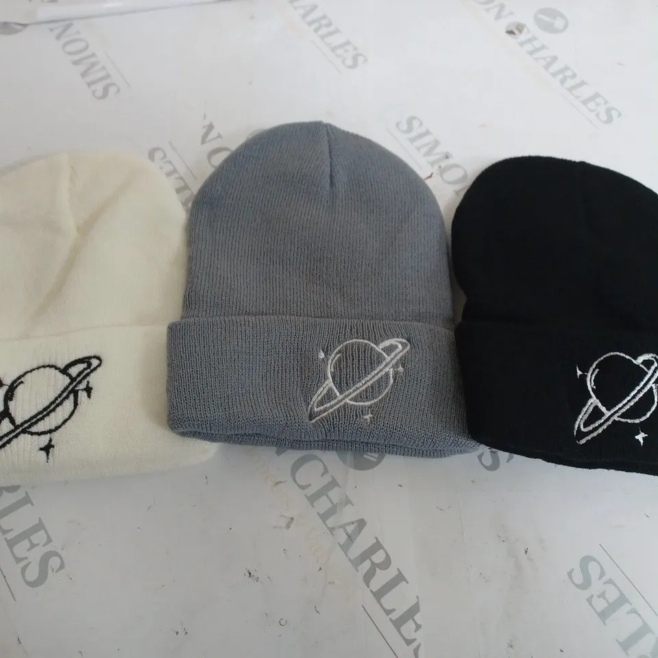 3 X PLANET BEANIES IN WHITE, GREY & BLACK 