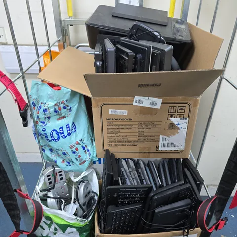 CAGE OF APPROXIMATELY 40 ASSORTED ELECTRICAL PRODUCTS TO INCLUDE KEYBOARDS, PRINTER, AUDIO HEADSETS ETC - COLLECTION ONLY