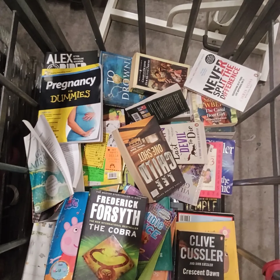 CAGE OF ASSORTED BOOKS AND MAGAZINES TO INCLUDE NOVELS, CHILDRENS BOOKS AND ETC