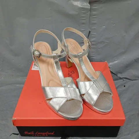 BOXED PAIR OF RUTH LANGSFORD HEELED SANDALS IN SILVER SIZE 8