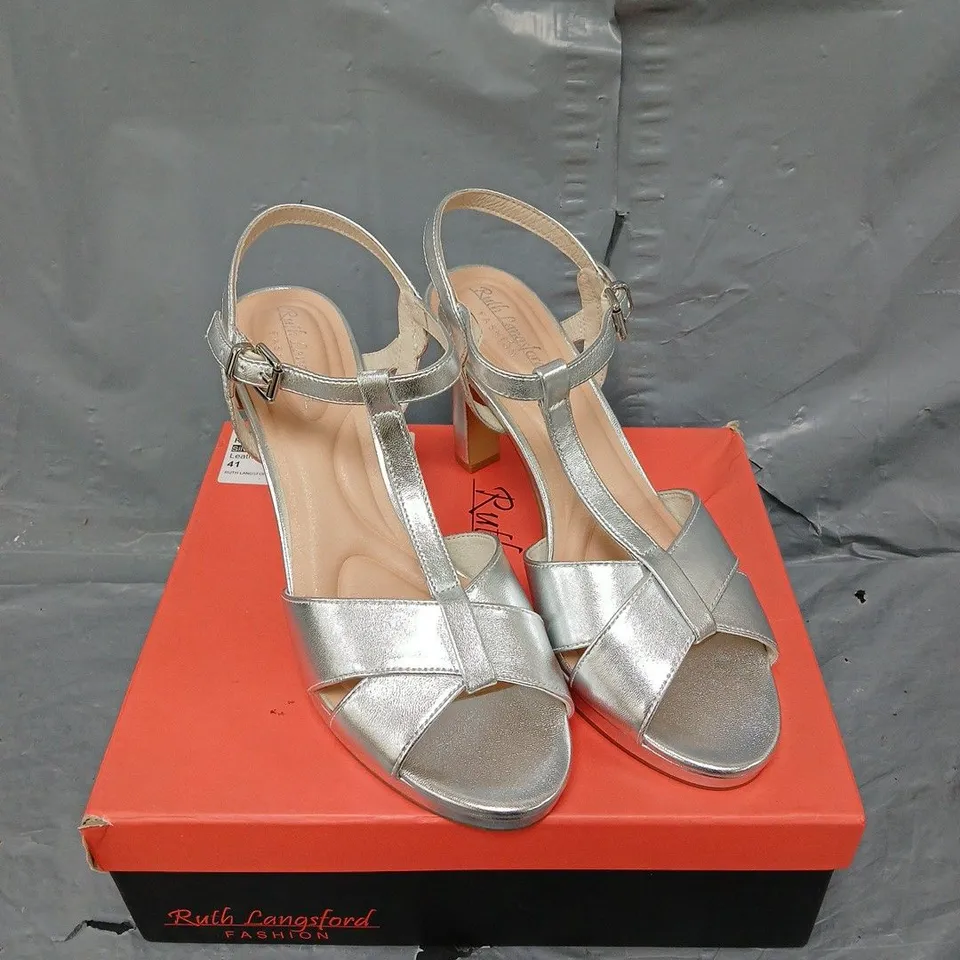 BOXED PAIR OF RUTH LANGSFORD HEELED SANDALS IN SILVER SIZE 8