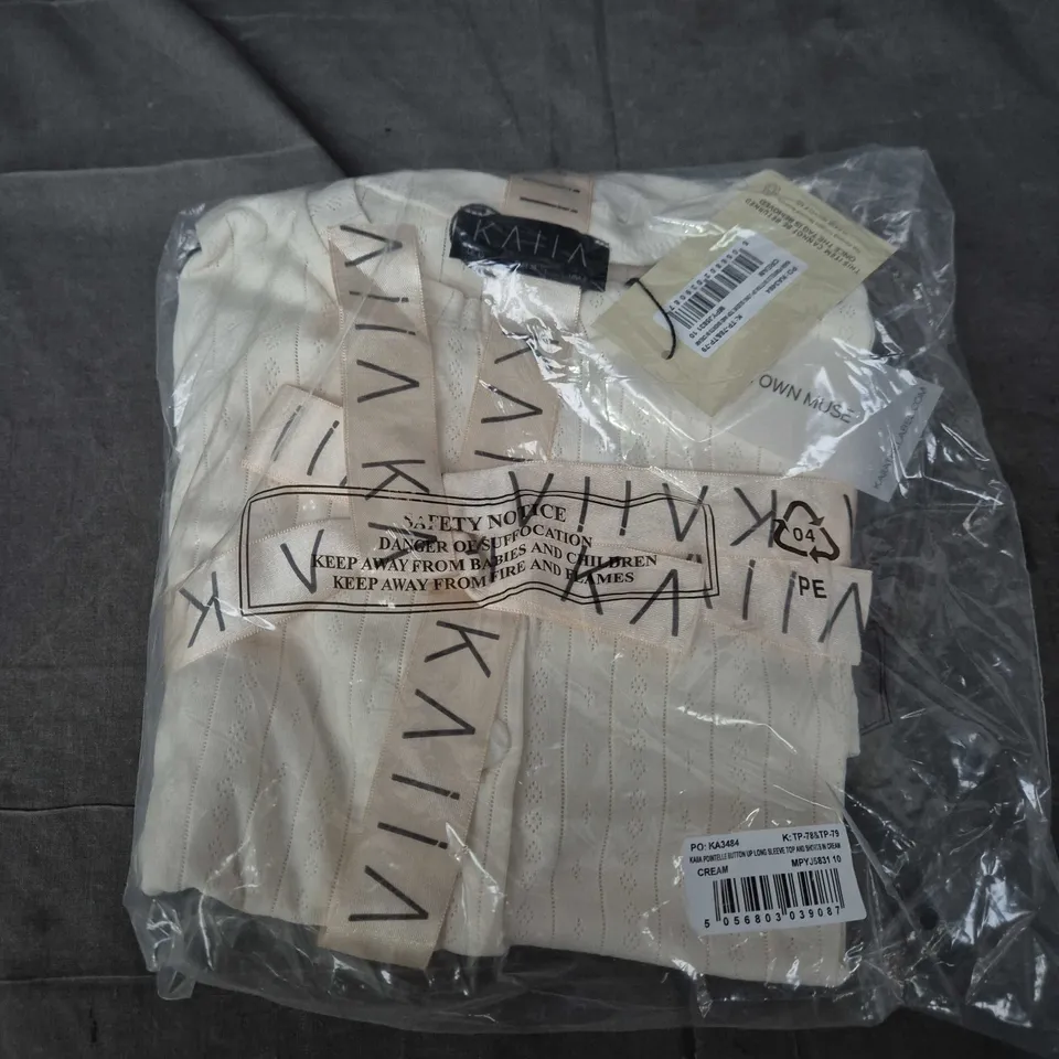 BAGGED KAIA POINTELLE BUTTON-UP LONG SLEEVE TOP & SHORTS SET - CREAM (WOMEN'S)