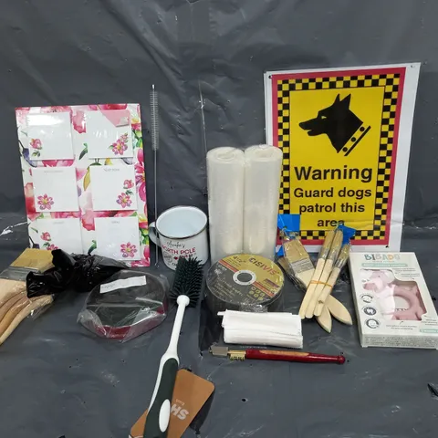 BOX OF ASSORTED HOUSEHOLD  ITEMS TO INCLUDE WARNING SIGNS, BABY TEETHER AND ASSORTED PAINT BRUSHES
