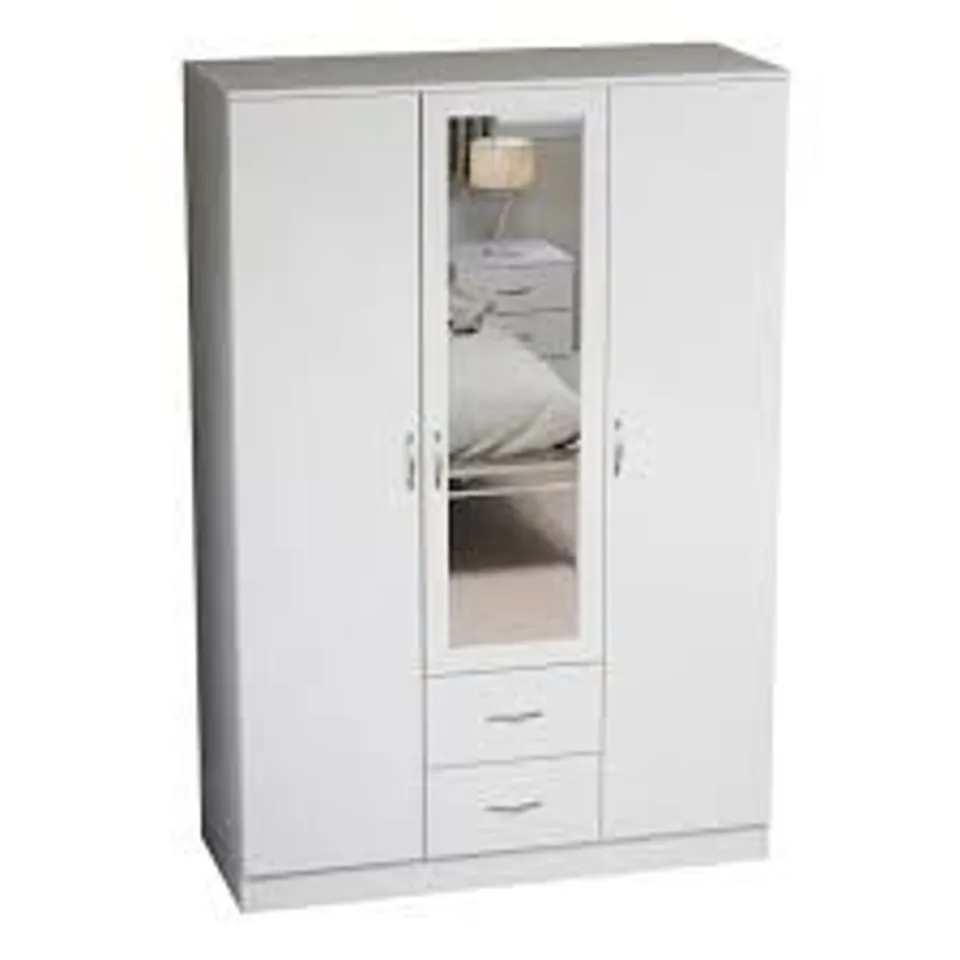 BOXED RIANO 3 DOOR 2 DRAWER MIRRORED WARDROBE - WHITE (3 BOXES)