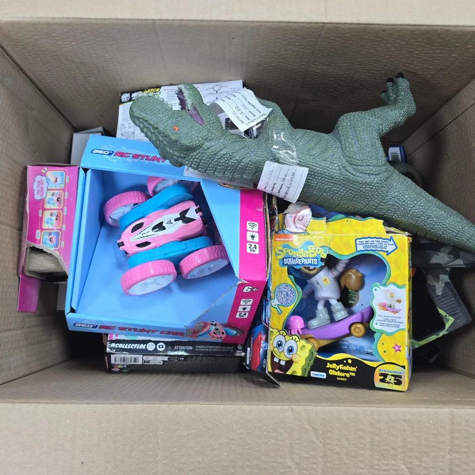 APPROXIMATELY 15 ASSORTED TOYS & GAMES PRODUCTS TO INCLUDE 360 RC STUNT CAR, SPONGEBOB JELLYFISHIN GLIDERS, DINOSAUR TOY, ETC